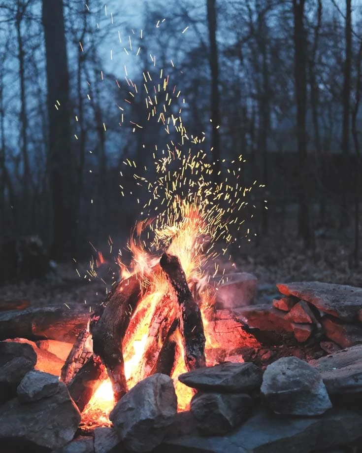 A campfire with sparks floating up in a forest