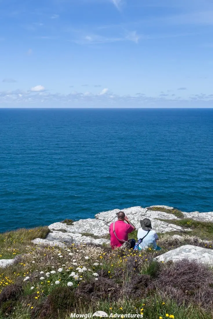 A couple enjoying a picnic on Tintagel Island looking out to sea