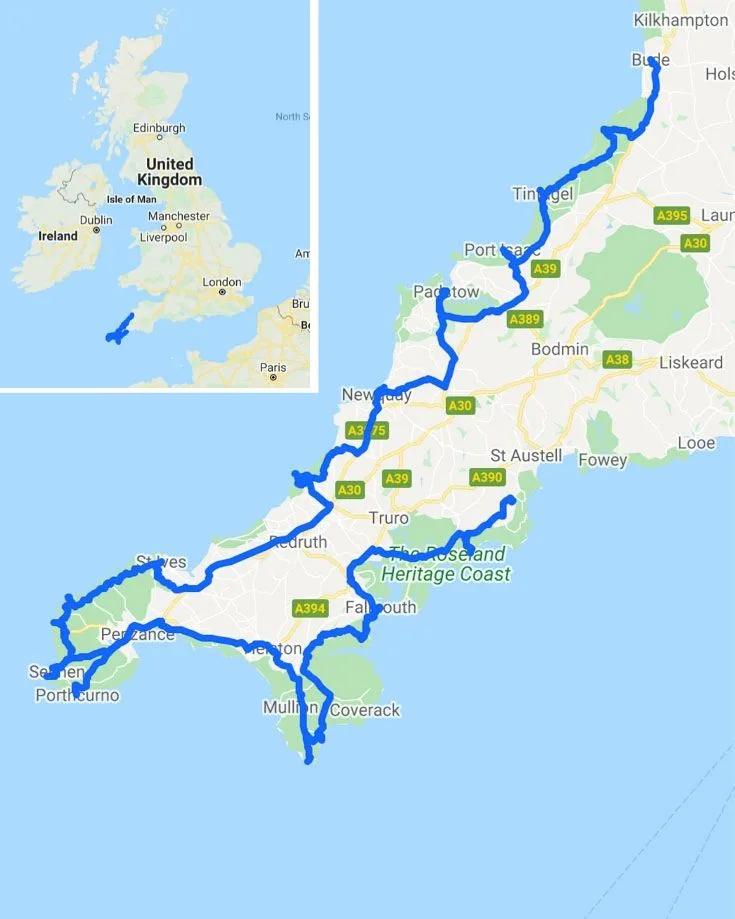 A map of Cornwall road trip route