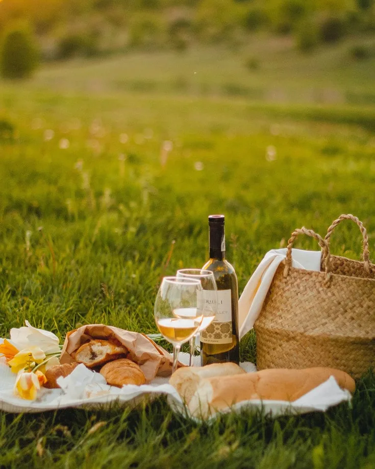 Picnic hamper with wine on a grass lawn in Tintagel