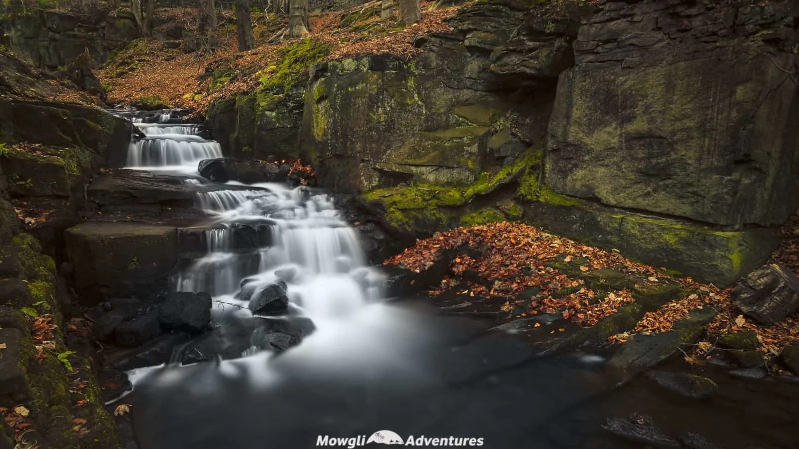 Long exposure photo of cascading waterfalls in Derbyshire Peak District