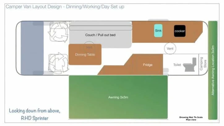 sprinter van floor plan- Take a look at our camper van layout design with detailed plans, materials used and some advantages and disadvantages of our design to help inform you on your final camper van layout design.