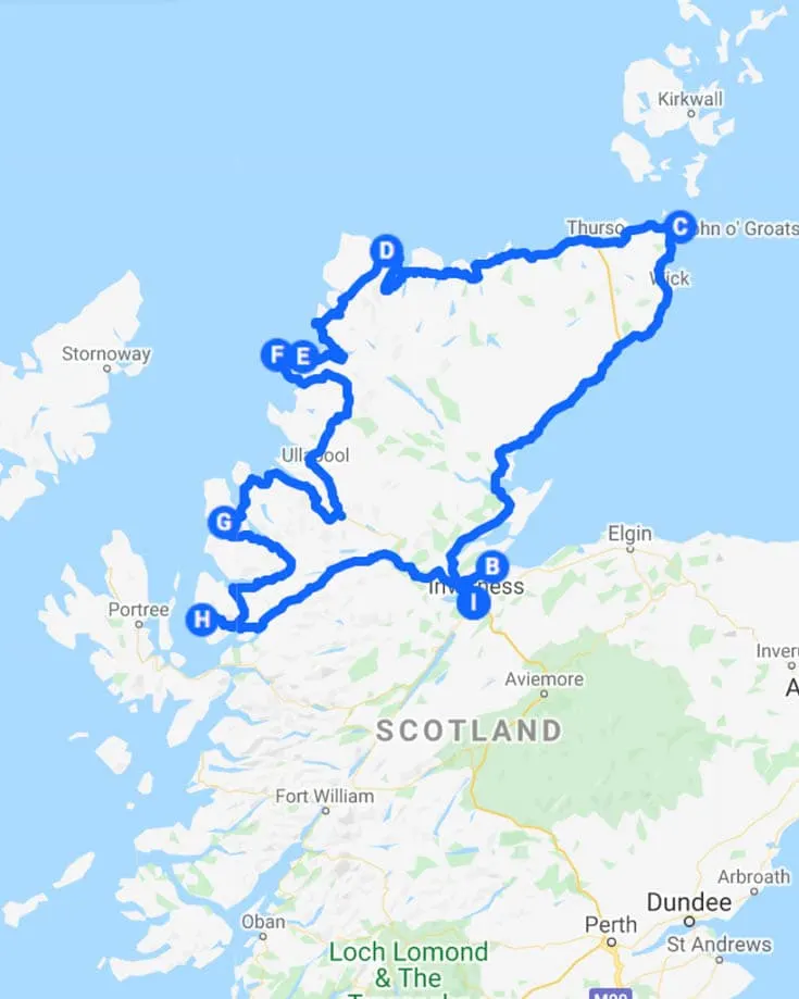 A map of the NC500 driving route int he Scottish Highlands