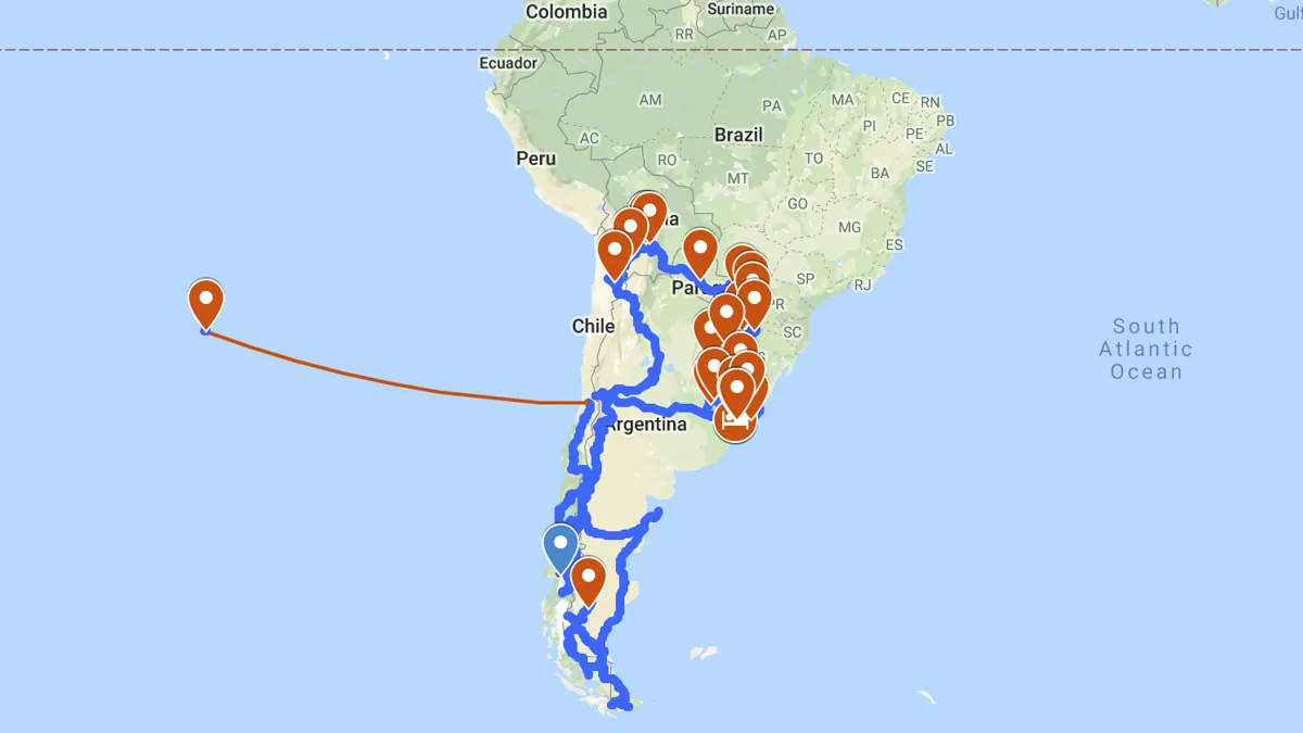 Map of South America overland route