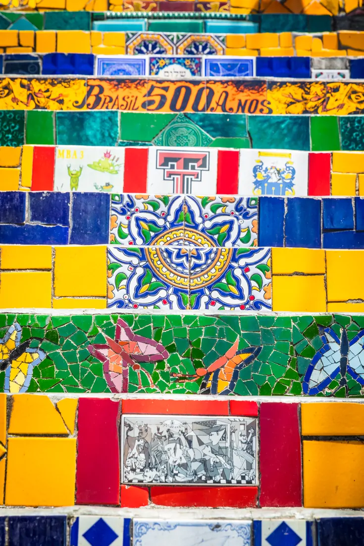 Detailed tiles on Escadaria Selaron or Selaron Steps of Rio de Janeiro