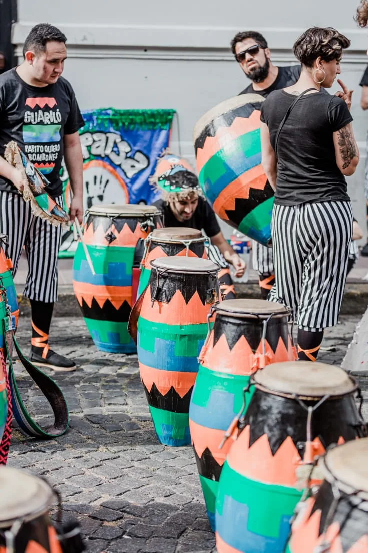 A group of Candombe drummers preparing to march