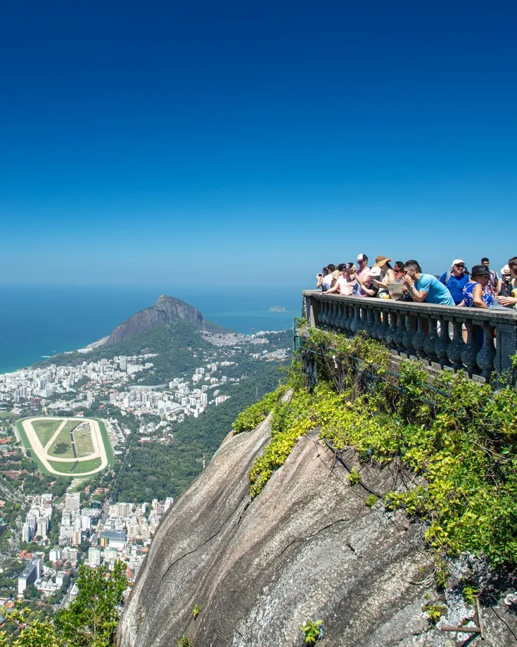 People looking out over Rio de Janeiro from the foot of Christ the Redeemer statue