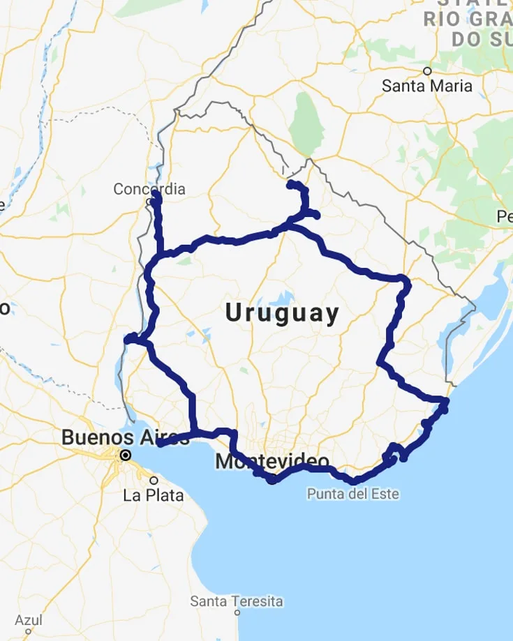 A map of Uruguay showing our overland travel itinerary and route in blue.
