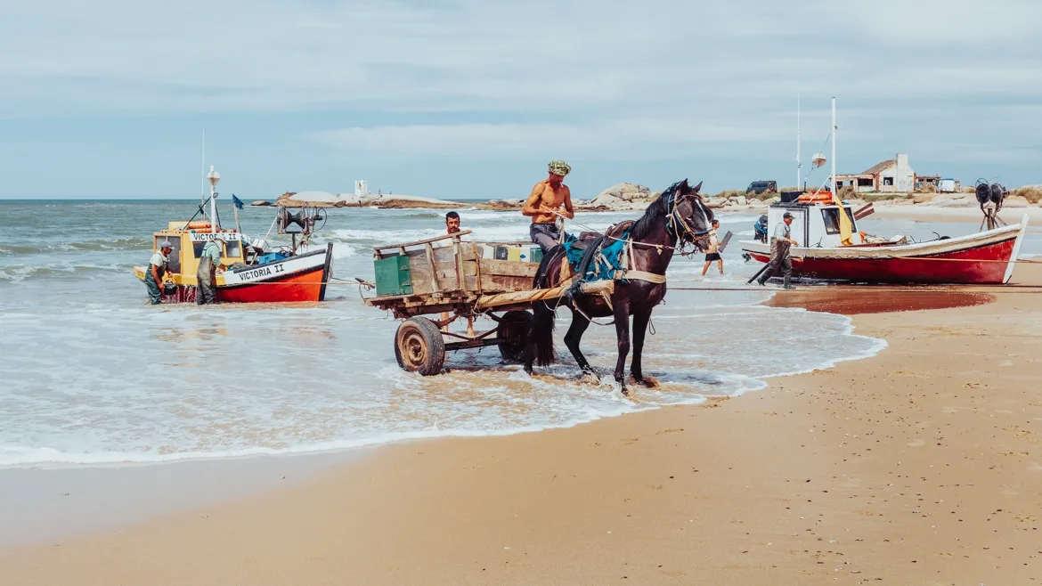 The highlight of our time in Punta del Diablo was the daily return of the fishermen in their traditonal boats on Playa de Los Pescadores