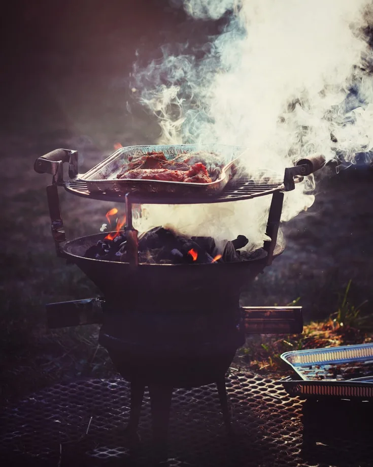 meat cooking on a camp fire grill