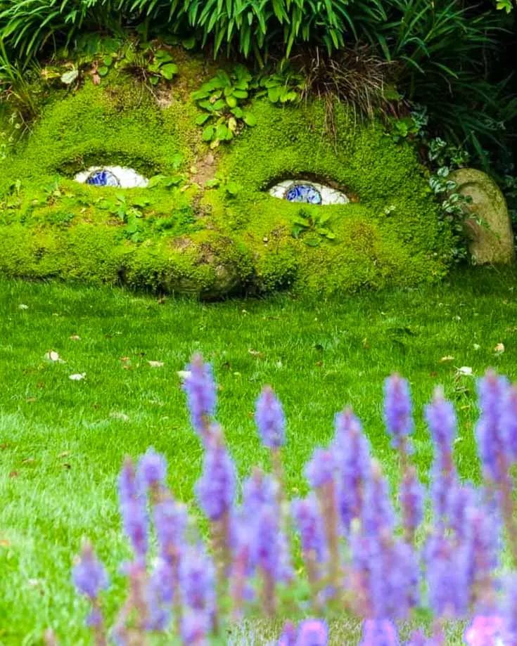 Lavender and grass covered sculptures at the Lost gardens of Heligan