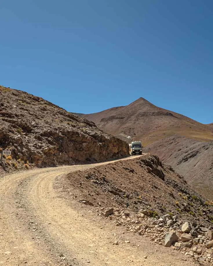 Mercedes Sprinter 4x4 camper van driving Abra del Acay on Ruta 40 in Argentina