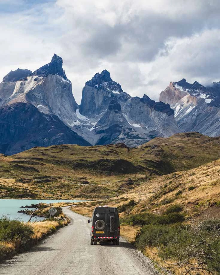 Mercedes Sprinter 4x4 camper van driving in Torres del Paine