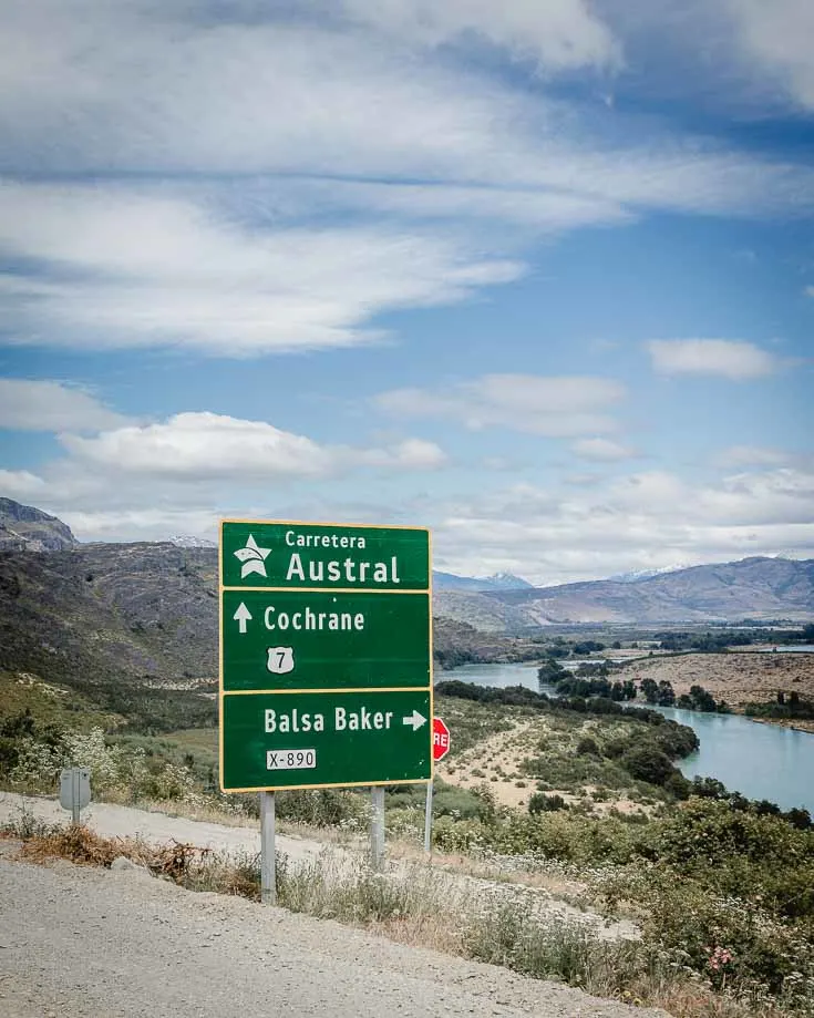 Carretera Austral road sign overlooking rivers and mountains