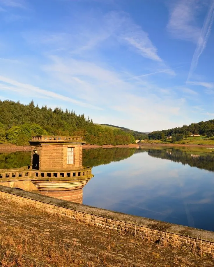 scenic views of ladybower reservoir and dam at sunset