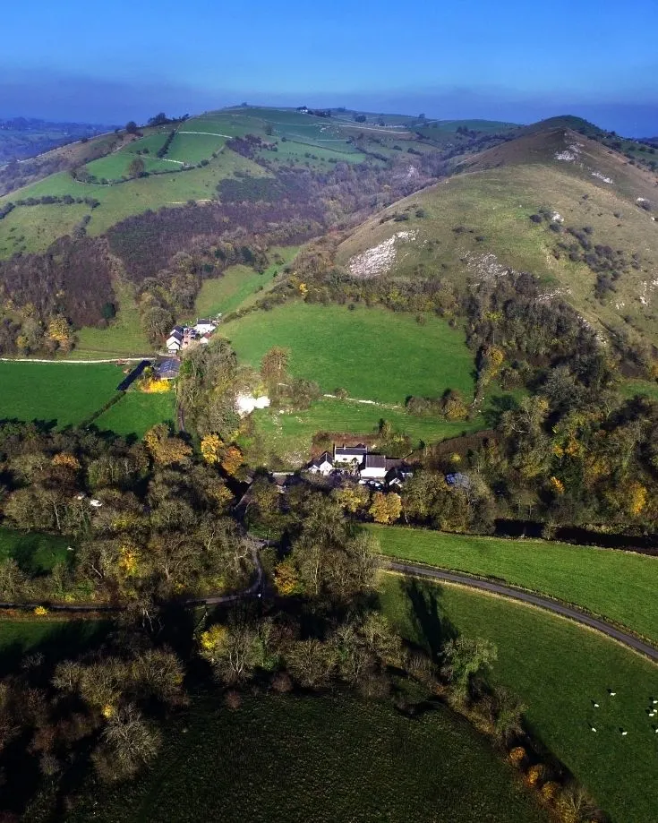 Aerial views of Wetton Mill, Manifold Valley in the Peak Distrct