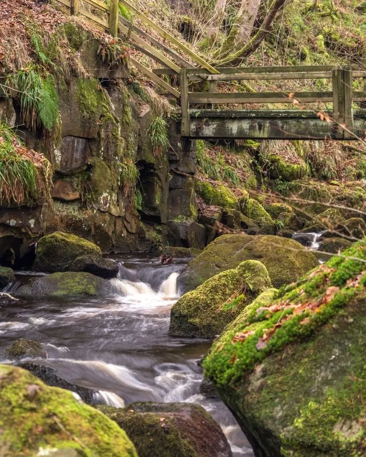 wooden bridge over the stream in the Peak District