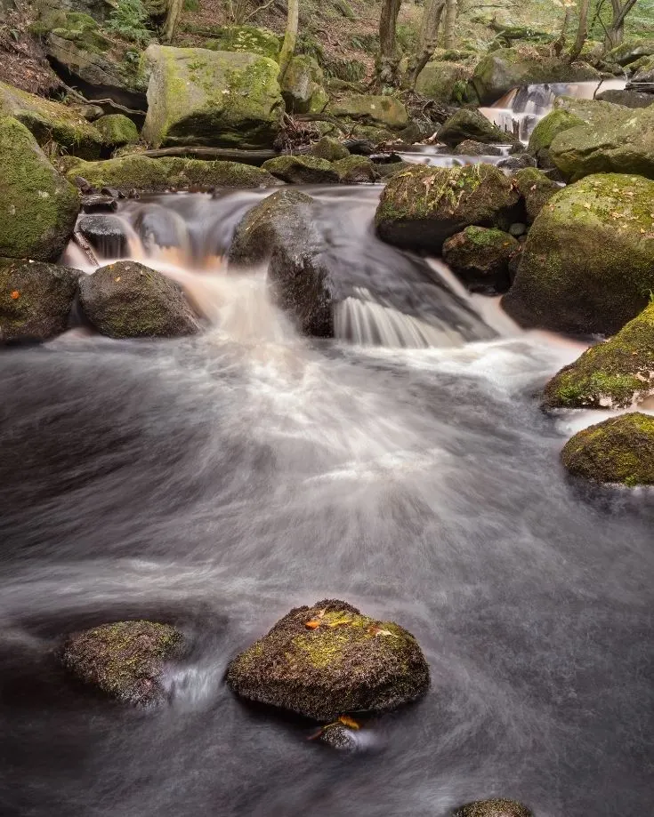 A stream cascading through Padley Gorge in the Peak District