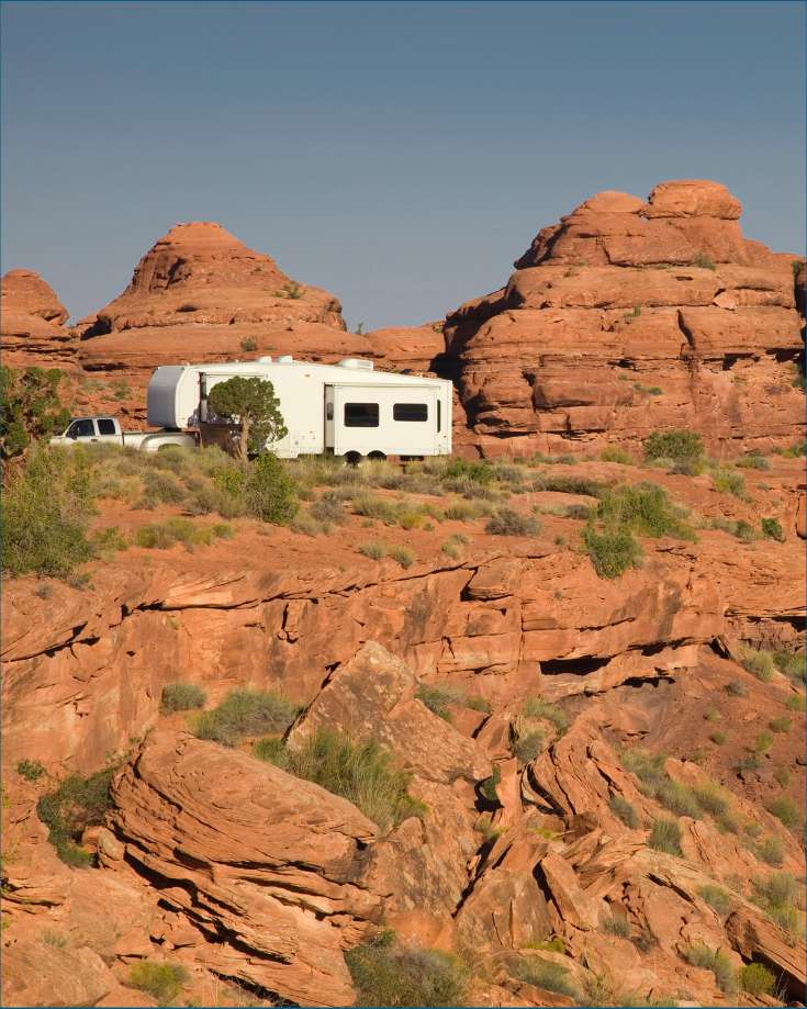 n RV in a landscape, showcasing the possibilities of dry camping and boondocking with a reliable RV battery.