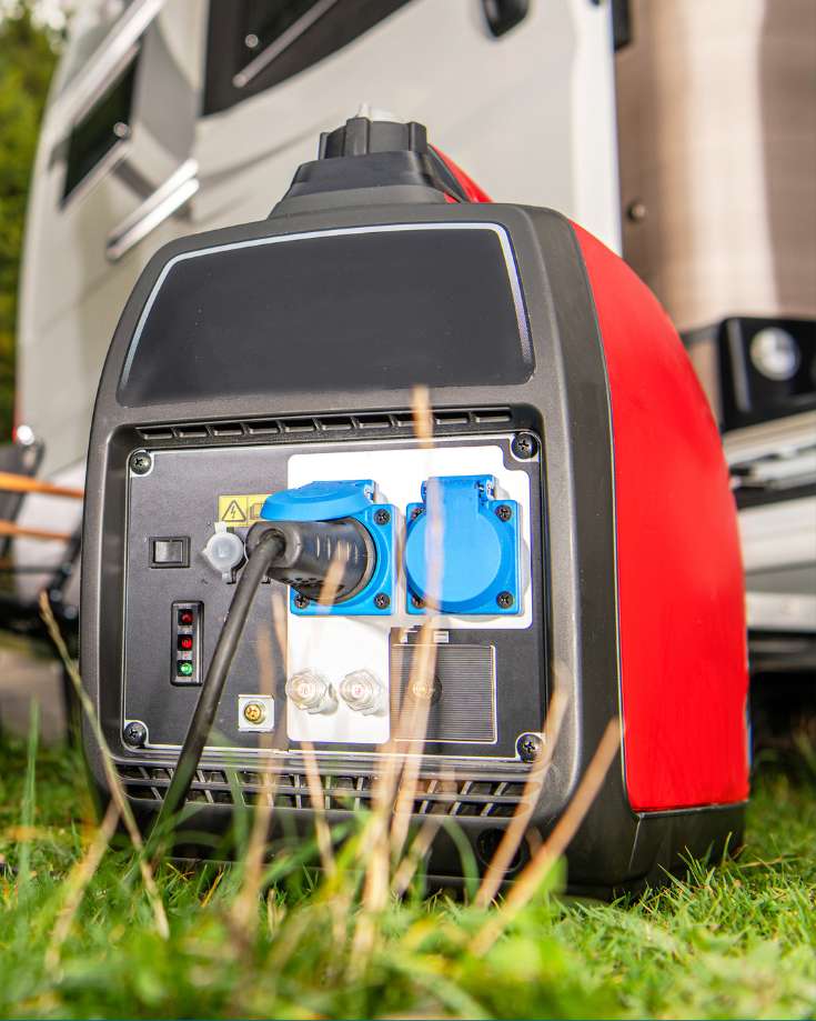 RV camper parked at a scenic campsite with a generator