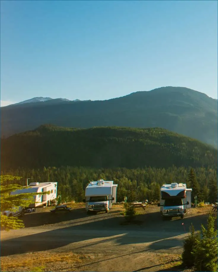 Three RV's parked with a mountain background