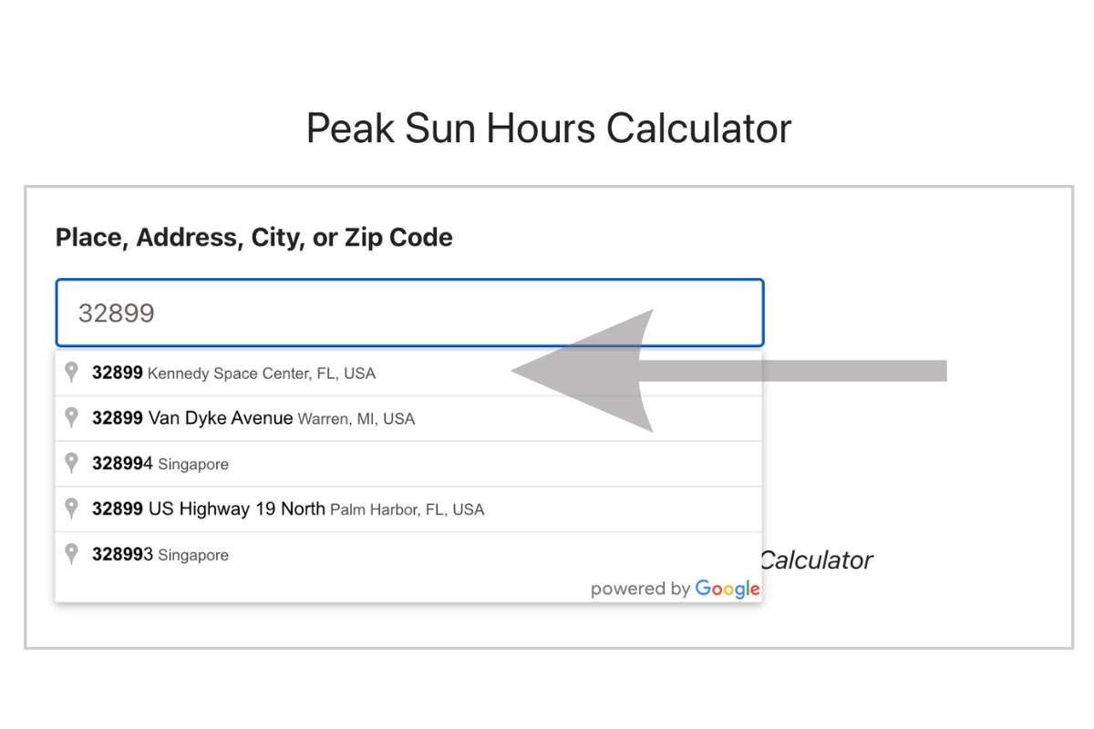 To find peak sun hours by zip code, enter a zip code or post code in the location field